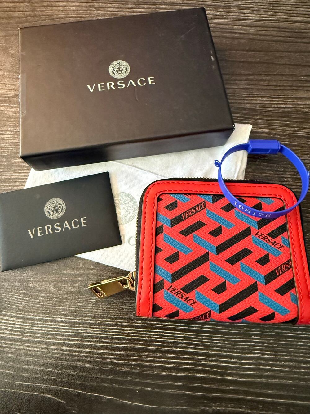 NIB Versace La Greca Signature Modular Zip Wallet Red & Blue Coated Canvas